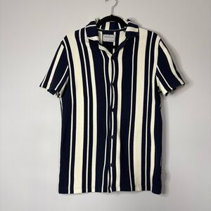 Larsson & Co Navy Blue & Cream Casual Button Down Shirt Size S 100% Cotton